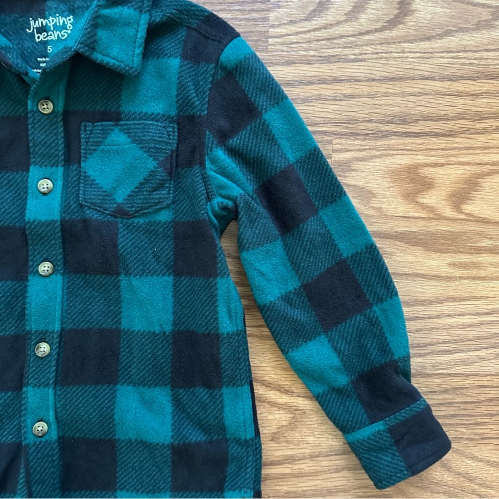 Jumping Beans Boys Size 5 Button Up Shirt Fleece Green Black Buffalo Plaid EUC! - Picture 3 of 7